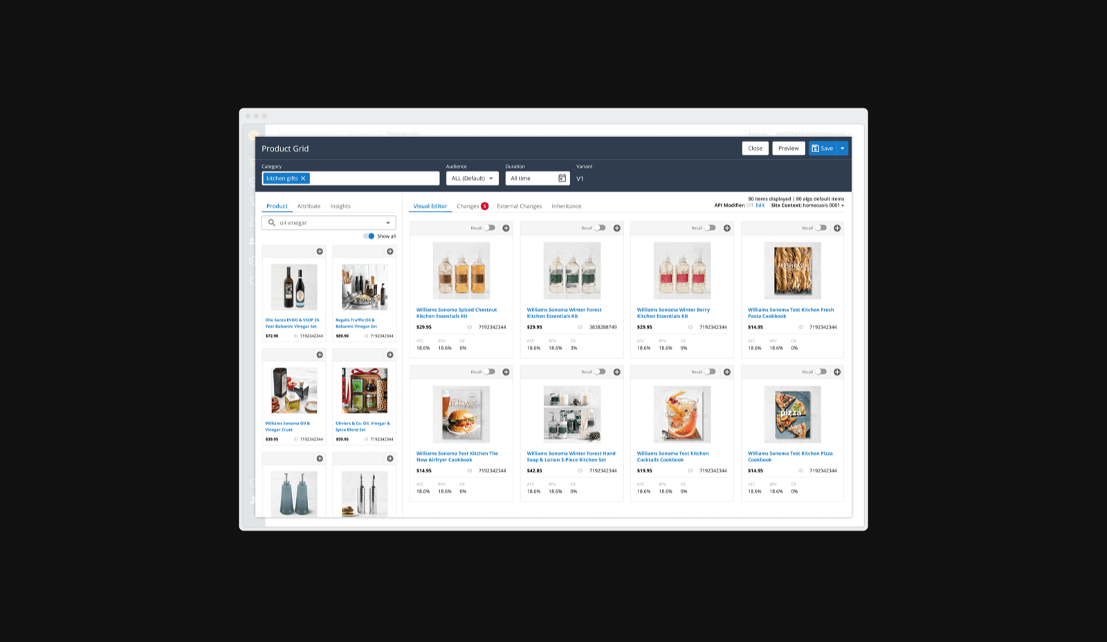 Ranking logic, product placement, content, and preview in one merchandising workspace.