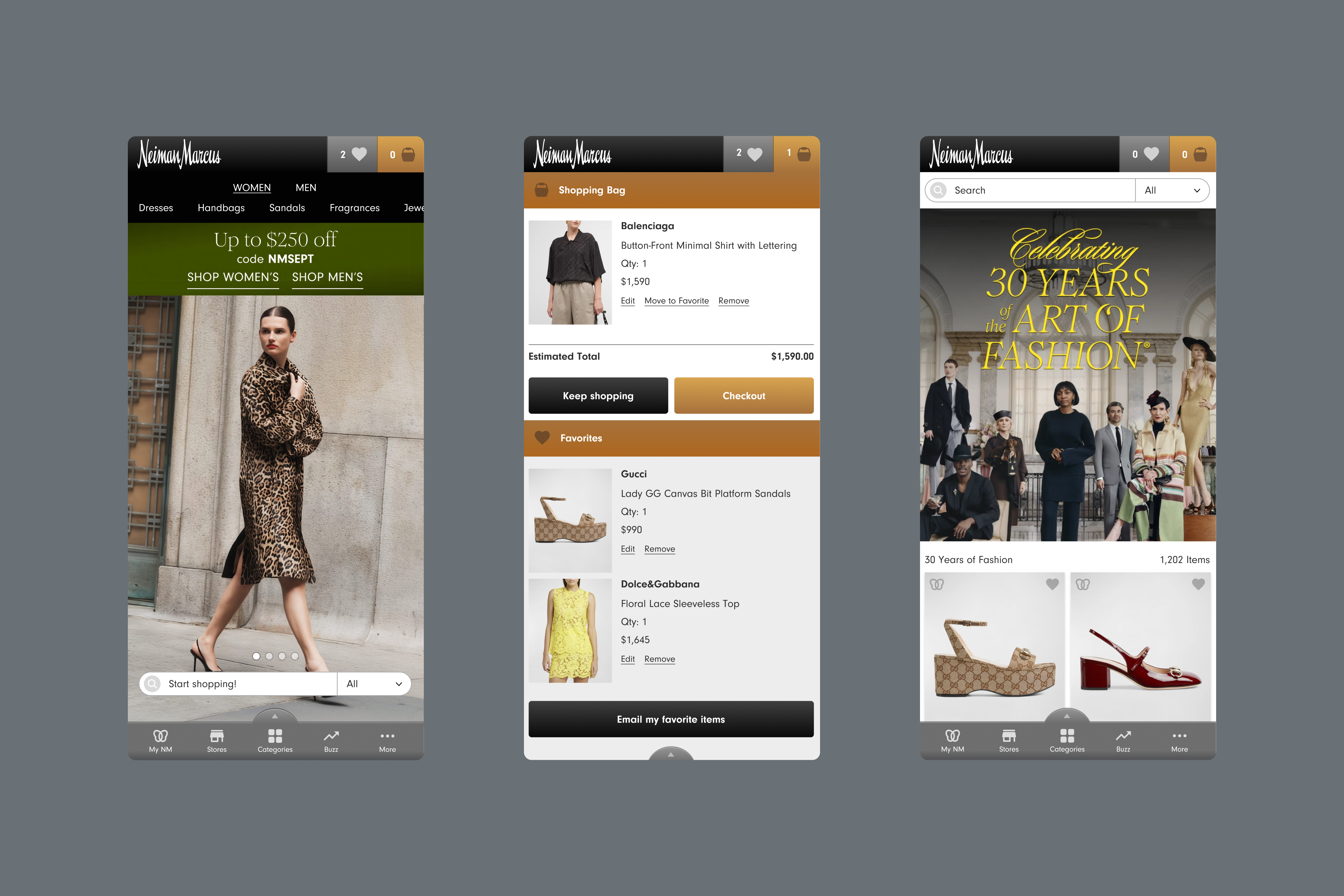 The mobile experience — home, shopping bag, and editorial, with intelligence woven through rather than bolted on.