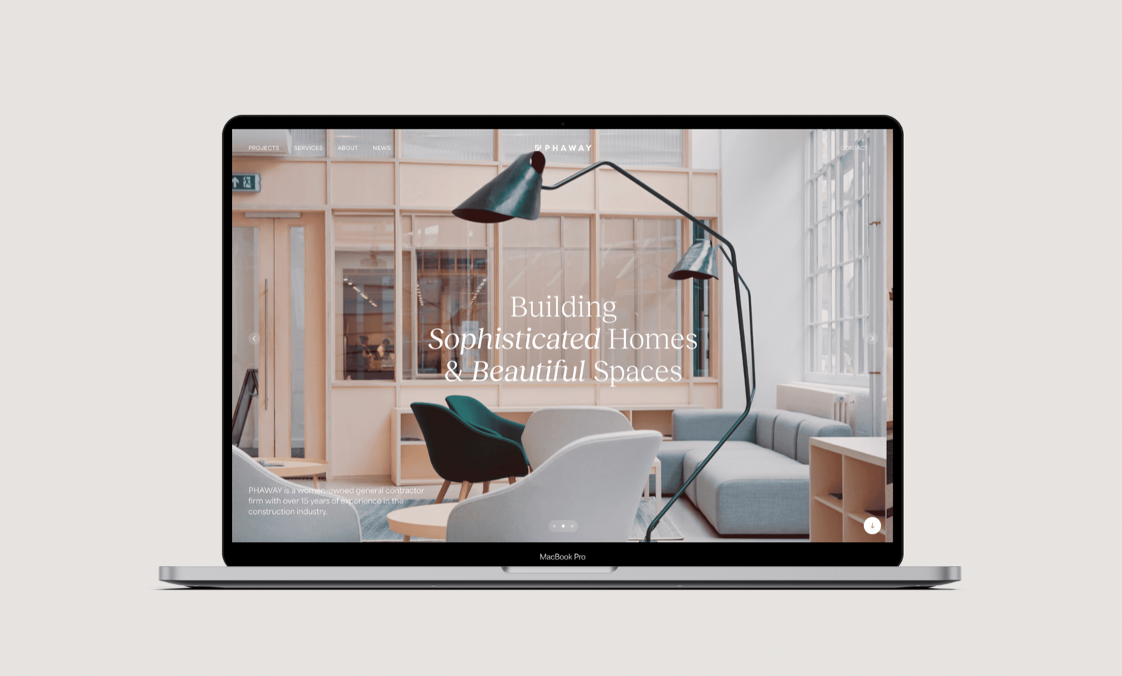 Homepage — strong typography, immersive project photography, and spacious layout.