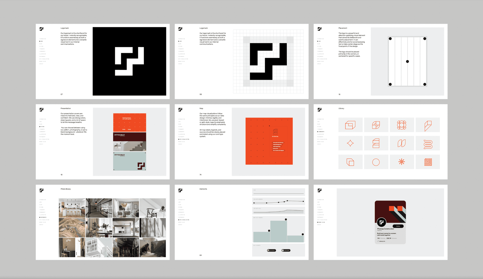Brand manual — logo lockups, the warm earth-tone palette, typography, and iconography carried across site, deck, and press.